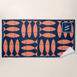 Fish Block Print Nautical - Coral & Navy Monogram ビーチタオル