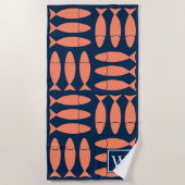 Fish Block Print Nautical - Coral & Navy Monogram ビーチタオル (正面)