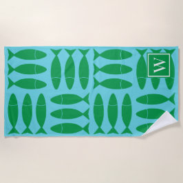 Fish Block Print Nautical Green Turquoise Monogram ビーチタオル