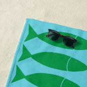 Fish Block Print Nautical Green Turquoise Monogram ビーチタオル (インサイチュ)