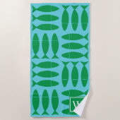Fish Block Print Nautical Green Turquoise Monogram ビーチタオル (正面)
