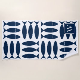 Fish Block Print Nautical - Navy & White Monogram ビーチタオル