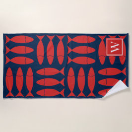 Fish Block Print Nautical - Red & Navy Monogram ビーチタオル