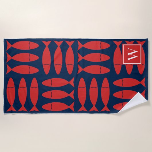 Fish Block Print Nautical - Red & Navy Monogram ビーチタオル (正面)