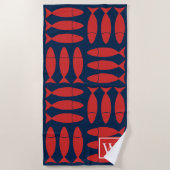 Fish Block Print Nautical - Red & Navy Monogram ビーチタオル (正面)