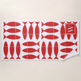 Fish Block Print Nautical - Red & White Monogram ビーチタオル
