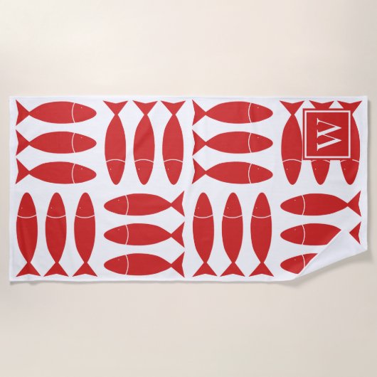 Fish Block Print Nautical - Red & White Monogram ビーチタオル (正面)