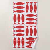 Fish Block Print Nautical - Red & White Monogram ビーチタオル (正面)