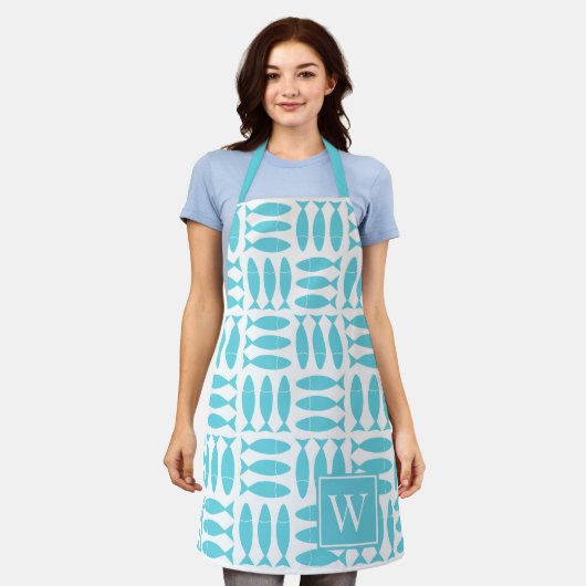 Fish Block Print Nautical -Turqoise Monogram エプロン (着用した状態)