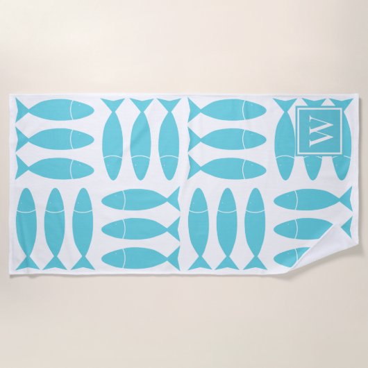 Fish Block Print Nautical - Turquoise Monogram ビーチタオル (正面)