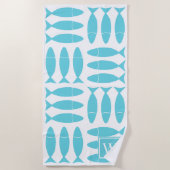 Fish Block Print Nautical - Turquoise Monogram ビーチタオル (正面)