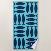 Fish Block Print Nautical Turquoise Navy Monogram ビーチタオル (正面)
