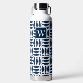 Fish Block Print Nautical White & Navy Monogram ウォーターボトル