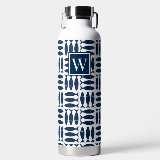 Fish Block Print Nautical White & Navy Monogram ウォーターボトル (正面)
