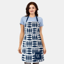 Fish Block Print Nautical - White & Navy Monogram エプロン