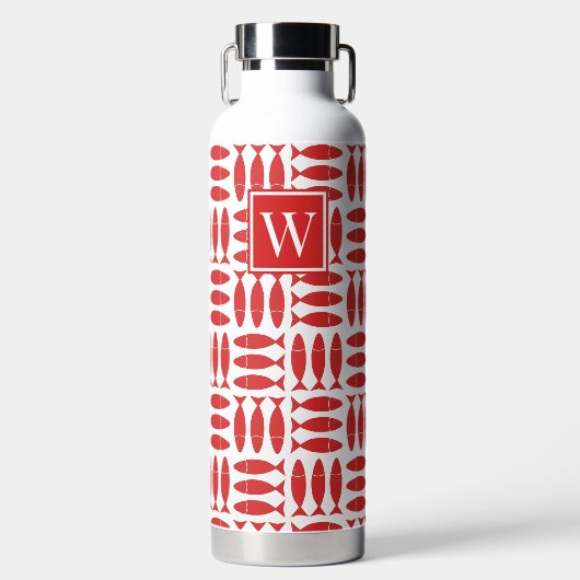 Fish Block Print Nautical White & Red Monogram ウォーターボトル (正面)