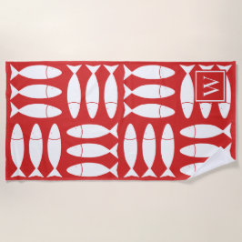 Fish Block Print Nautical - White & Red Monogram ビーチタオル