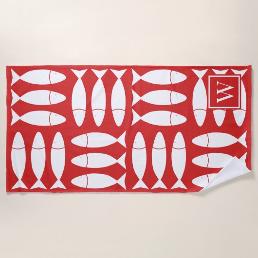 Fish Block Print Nautical - White & Red Monogram ビーチタオル (正面)