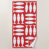 Fish Block Print Nautical - White & Red Monogram ビーチタオル (正面)