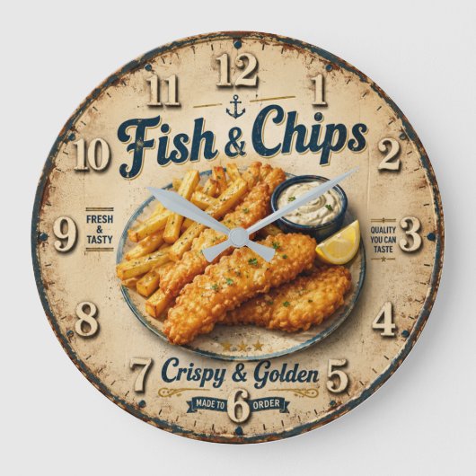Fish & Chips Vintage Kitchen ラージ壁時計 (正面)