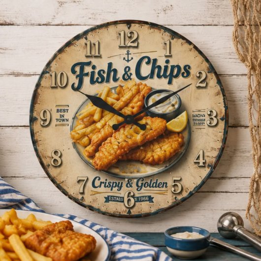 Fish & Chips Vintage Kitchen ラージ壁時計