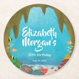 Fish, Coral and Plant Under the Sea Cave Birhday ラウンドペーパーコースター