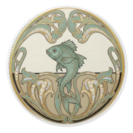 Fish Green Cream & Gold Art Deco Nouveau Ocean Sea セラミックノブ