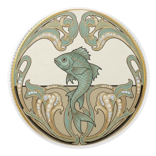 Fish Green Cream & Gold Art Deco Nouveau Ocean Sea セラミックノブ (正面)