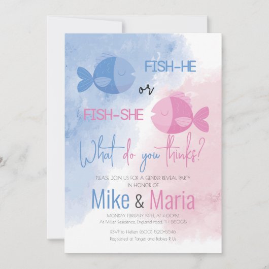 Fish-he or Fish-she gender reveal invitation 招待状 (正面)