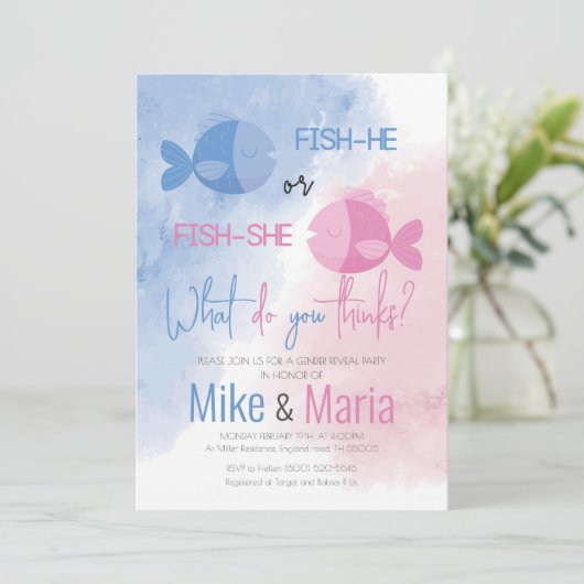 Fish-he or Fish-she gender reveal invitation 招待状 (スタンド正面)