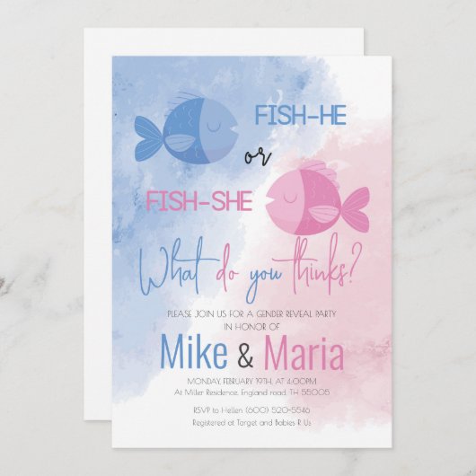 Fish-he or Fish-she gender reveal invitation 招待状 (正面/裏面)