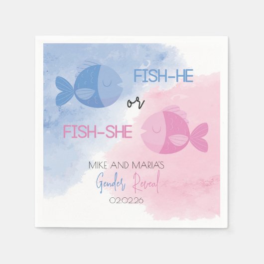 Fish-he or Fish-she gender reveal napkins スタンダードカクテルナプキン (正面)