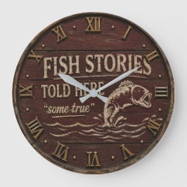 Fish Stories Told Here Funny Fishing Decor ラージ壁時計