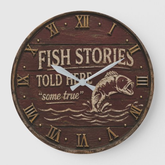 Fish Stories Told Here Funny Fishing Decor ラージ壁時計 (正面)