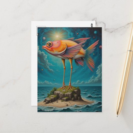 Fish With Bird Legs on Tiny Island Surreal ポストカード (正面/裏面インサイチュ)