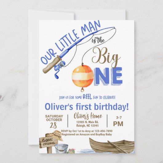 Fisherman / fishing boy 1st birthday invitation. 招待状 (正面)