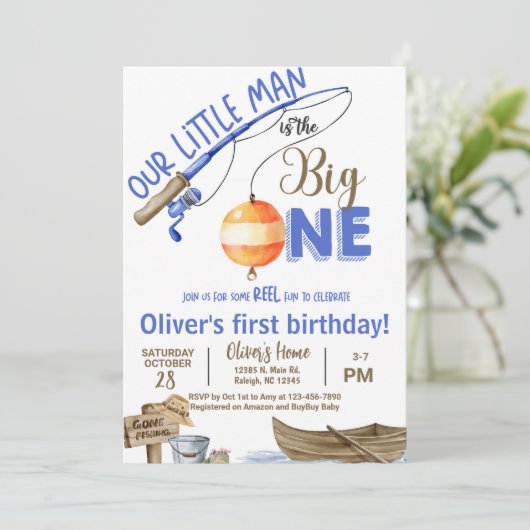 Fisherman / fishing boy 1st birthday invitation. 招待状 (スタンド正面)