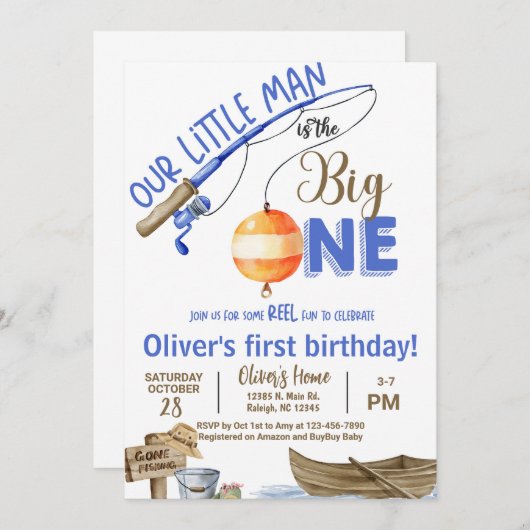 Fisherman / fishing boy 1st birthday invitation. 招待状 (正面/裏面)