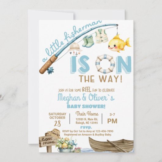 Fisherman / fishing boy reel fun baby shower. 招待状 (正面)