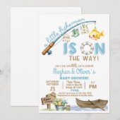 Fisherman / fishing boy reel fun baby shower. 招待状 (正面/裏面)
