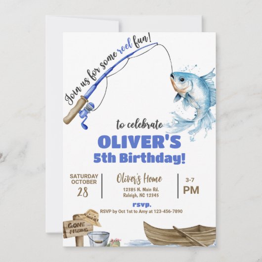 Fisherman / fishing boy reel fun birthday invite. 招待状 (正面)