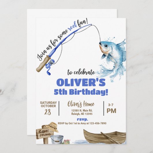 Fisherman / fishing boy reel fun birthday invite. 招待状 (正面/裏面)