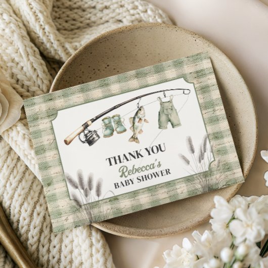 Fisherman Gingham Clothesline Fishing Baby Shower サンキューカード