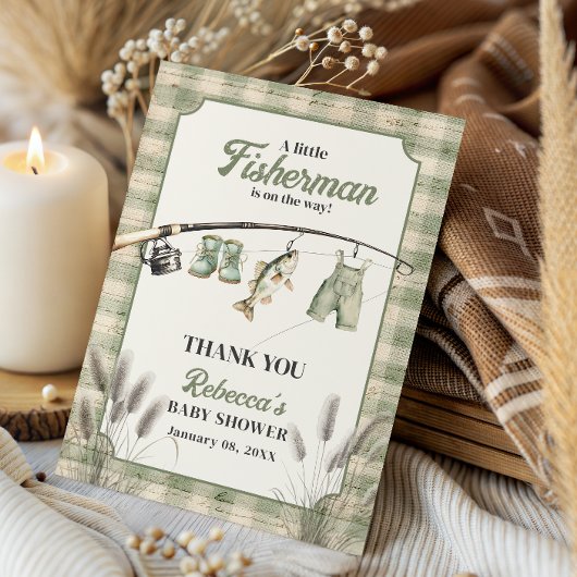 Fisherman Gingham Clothesline Fishing Baby Shower サンキューカード