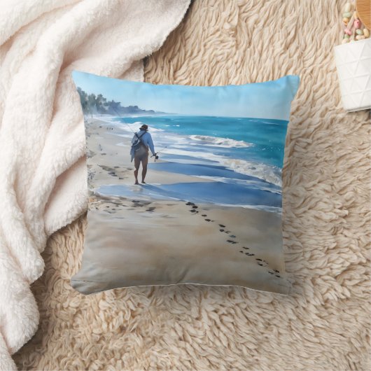 Fisherman on Turtle Beach Pillow クッション (ブランケット)