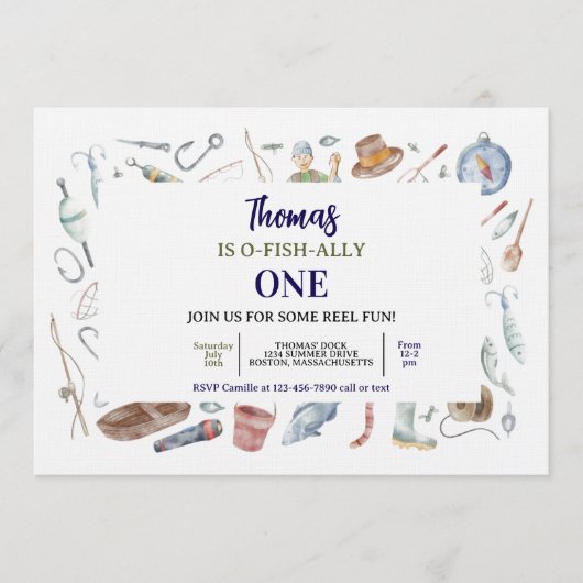 Fishing 1st Birthday Invitation | O-Fish-Ally One  招待状 (正面)