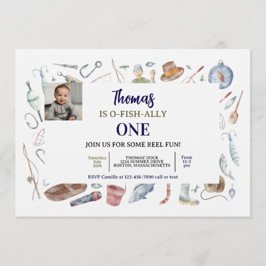 Fishing 1st Birthday Invitation | O-Fish-Ally One  招待状 (正面)