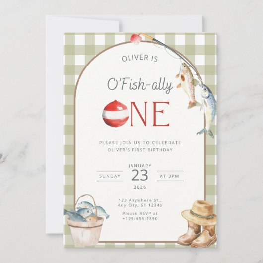 Fishing 1st Birthday Invitation O Fishally One  招待状 (正面)