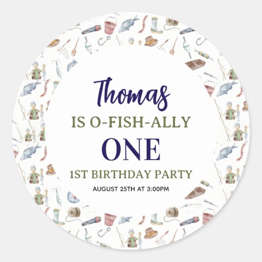 Fishing 1st Birthday | O-Fish-Ally One party ラウンドシール (正面)