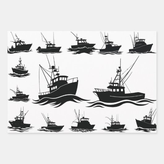 Fishing Boat Silhouette Pattern Wrapping Paper ラッピングペーパーシート (正面)